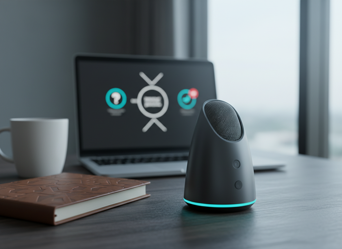 A high-resolution close-up of a modern desk setup centered on a small, elegant desktop microphone with a matte charcoal finish and a subtle LED ring glowing softly, symbolizing speaking confidence. Behind it, slightly out of focus, a laptop shows a stylized interface of question prompts and response feedback without readable text. The desk is a dark, textured wood, with a simple ceramic mug and a closed, embossed leather notebook nearby. Cool, diffused light from a large window to the right creates gentle highlights on the microphone’s curves and faint reflections on the mug. Photographic realism with a shallow depth of field, captured from a low, forward-facing angle, evokes focus, calm, and the disciplined practice behind closing more deals.