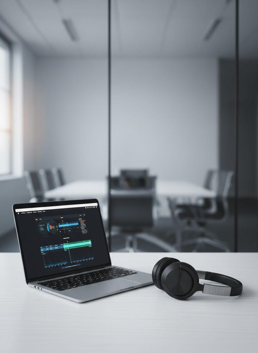 A pair of high-end over-ear headphones with matte black cups and a brushed steel headband rests beside a slim laptop on a clean white desk, representing focused sales pitch practice. On the laptop screen, an abstract visualization of a dialogue timeline and performance metrics glows softly. A frosted glass wall in the background shows a faint, blurred outline of a conference room, keeping the space professional without any recognizable people. Cool, even office lighting combines with a hint of natural window light, creating soft highlights on metal surfaces. Shot from a slightly elevated angle in photographic realism, the composition uses the rule of thirds, evoking concentration, learning, and quiet determination.