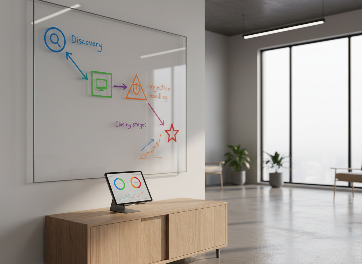 A wall-mounted, frameless glass board filled with clean, color-coded diagrams and arrows illustrates a refined sales pitch flow: simple icons for discovery, demo, objection handling, and closing stages, with no readable text. Below, a low credenza holds a tablet propped up on a stand, its screen displaying circular performance dials and improvement trends. The room is a modern, uncluttered office with concrete floors and a large window washing the scene in soft afternoon light, casting long but gentle shadows. Captured in photographic realism from a three-quarter angle, the composition keeps the glass board in focus while the surroundings subtly blur, creating a mood of strategic thinking, structured practice, and confident preparation for high-stakes conversations.