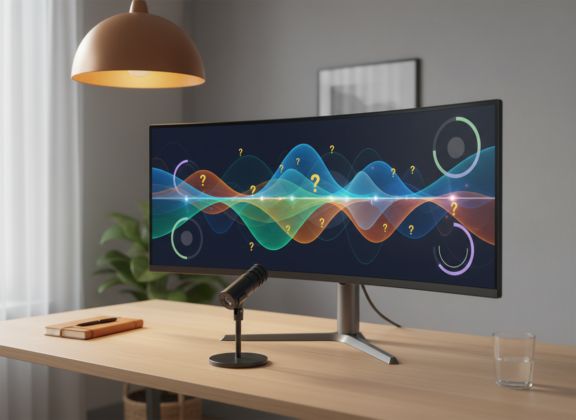 A large curved ultrawide monitor dominates a minimalist workstation, its screen showing an abstract but sophisticated simulation of a sales call: colored waveform bands, question markers, and progress arcs instead of readable text. A compact microphone on a slim stand sits directly in front of the monitor, angled toward the viewer, suggesting active practice. The desk surface is smooth light oak, with only a closed notebook and a glass of water nearby. Soft, warm pendant lighting from above and subtle ambient light from an unseen window create a balanced, inviting glow. Photographic realism, shot at eye level with moderate depth of field, emphasizes clarity and an atmosphere of ongoing improvement and professional growth.