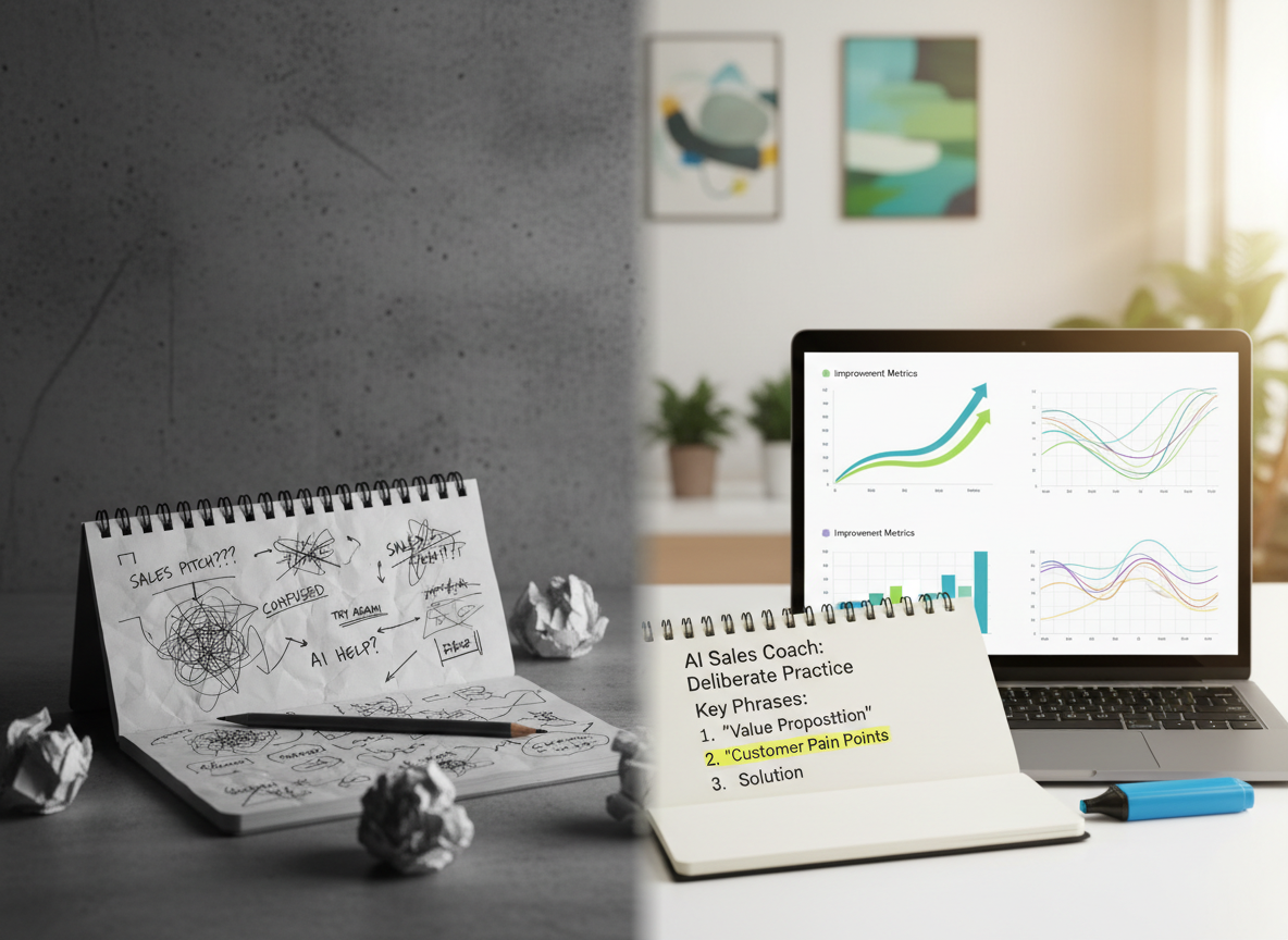 A side-by-side comparison scene on a single wide frame: on the left, a slightly cluttered notepad with scribbled, crossed-out sales pitch ideas and a muted, gray-toned background; on the right, a sleek laptop next to a neatly organized notebook with clean bullet points and highlighted key phrases. The right side’s background is brighter and more colorful, with an abstract interface of improvement graphs and conversation practice waves on the laptop screen. Gentle directional light from the right creates a visual progression from shadow to light across the image. Photographic realism with a centered, split-screen composition and sharp focus throughout, conveying the transformation from uncertainty to clarity through deliberate practice with an AI partner.
